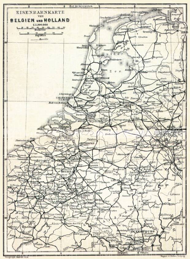 Belgium and Holland, railway map, 1904. Use the zooming tool to explore in higher level of detail. Obtain as a quality print or high resolution image