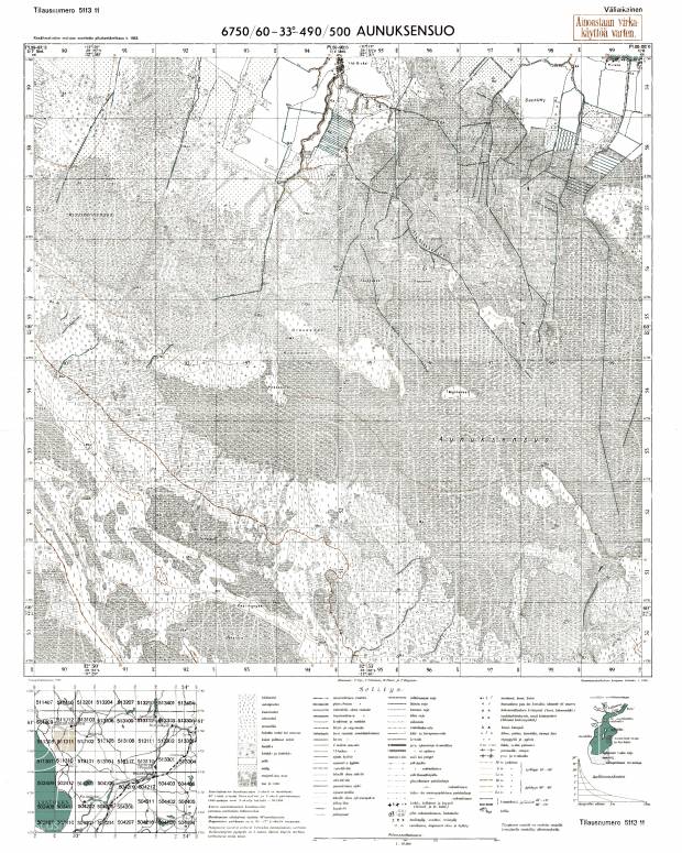 Olonets Marshes. Aunuksensuo. Topografikartta 511311. Topographic map from 1944. Use the zooming tool to explore in higher level of detail. Obtain as a quality print or high resolution image
