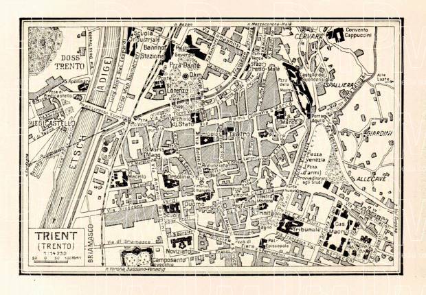 Trient (Trento) city map, 1929. Use the zooming tool to explore in higher level of detail. Obtain as a quality print or high resolution image