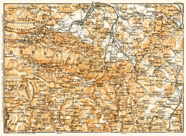 Karkonosze (Krkonoše, Riesengebirge) mountains map, 1906. Use the zooming tool to explore in higher level of detail. Obtain as a quality print or high resolution image