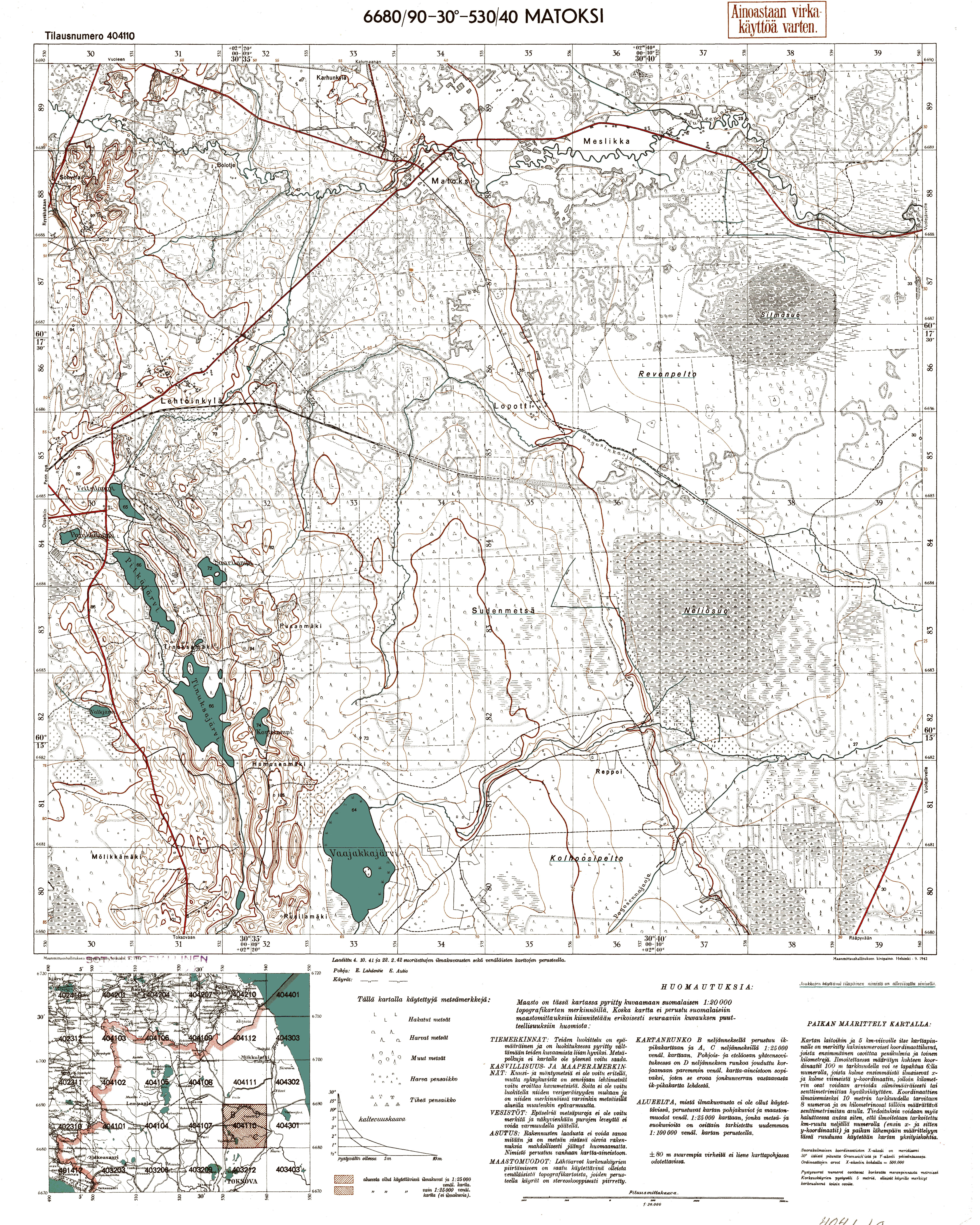 Matoksa. Matoksi. Topografikartta 404110. Topographic map from 1942. Use the zooming tool to explore in higher level of detail. Obtain as a quality print or high resolution image
