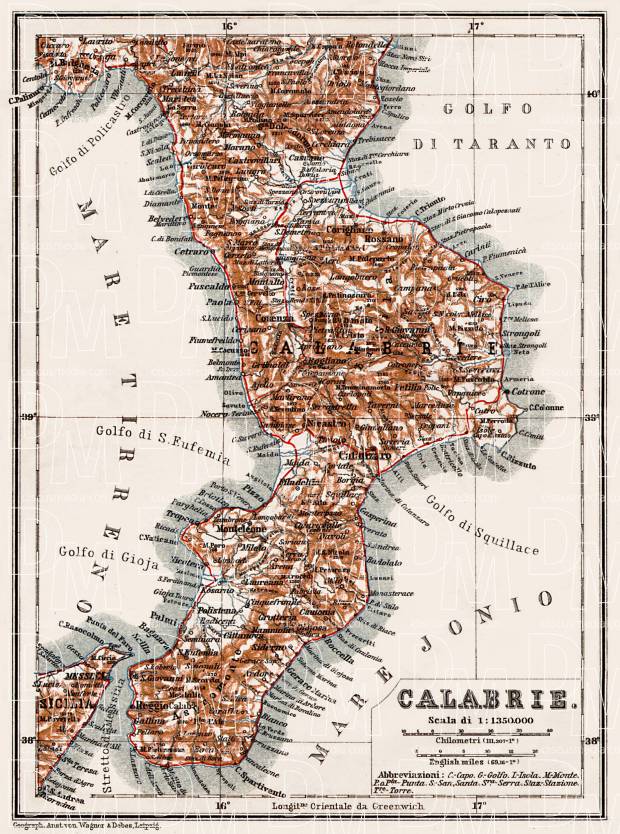 Calabrian Peninsula map, 1912. Use the zooming tool to explore in higher level of detail. Obtain as a quality print or high resolution image