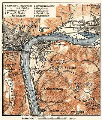 Aussig (Ústí nad Labem) and environs map, 1911