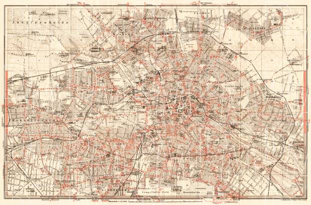 Berlin, city map with tramway and S-Bahn networks, 1910. Use the zooming tool to explore in higher level of detail. Obtain as a quality print or high resolution image