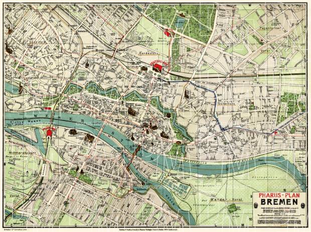 Bremen city map, about 1912. Use the zooming tool to explore in higher level of detail. Obtain as a quality print or high resolution image