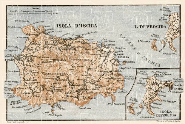 Ischia isle and di Procida isle map, 1929. Use the zooming tool to explore in higher level of detail. Obtain as a quality print or high resolution image
