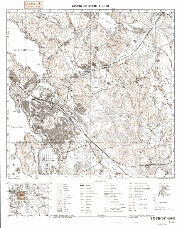 Vyborg. Viipuri. Topografikartta 402206. Topographic map from 1934. Use the zooming tool to explore in higher level of detail. Obtain as a quality print or high resolution image