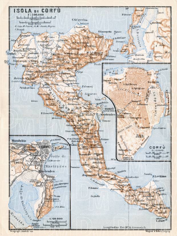 Corfu Isle map, 1929. With town plan of Corfu (Kerkyra). Use the zooming tool to explore in higher level of detail. Obtain as a quality print or high resolution image