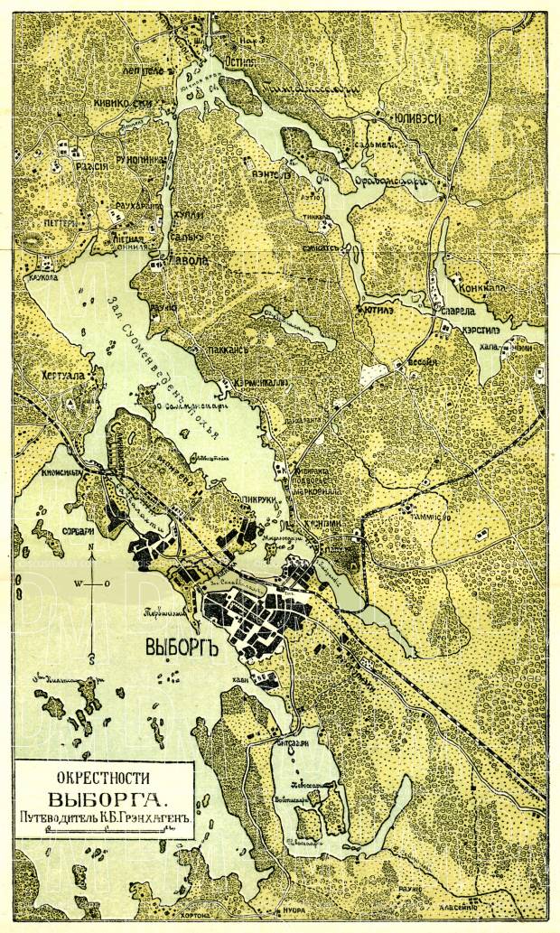 Vyborg (Выборгъ, Viipuri, Wiborg) and nearer environs map, 1889. Use the zooming tool to explore in higher level of detail. Obtain as a quality print or high resolution image