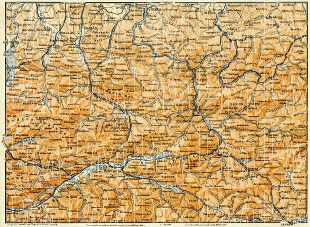 Map of the Steyr and Austrian Alps (Steirische und Österreichische Alpen) from Wiener-Neustadt to Aussee, 1906. Use the zooming tool to explore in higher level of detail. Obtain as a quality print or high resolution image