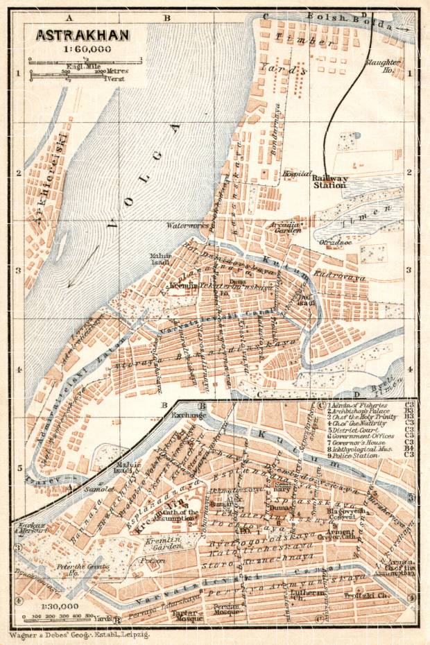 Astrakhan (Астрахань) city map, 1914. Use the zooming tool to explore in higher level of detail. Obtain as a quality print or high resolution image
