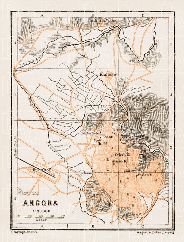 Angora ( انقره, Enguri, Ankara) city map, 1914. Use the zooming tool to explore in higher level of detail. Obtain as a quality print or high resolution image