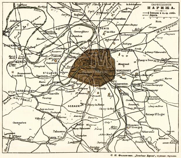Paris environs map (legend in Russian), 1900. Use the zooming tool to explore in higher level of detail. Obtain as a quality print or high resolution image