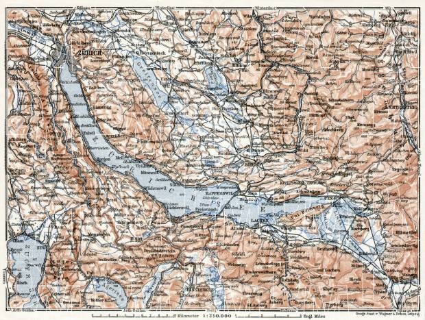 Lakes of Zurich and Zug district map, 1909. Use the zooming tool to explore in higher level of detail. Obtain as a quality print or high resolution image
