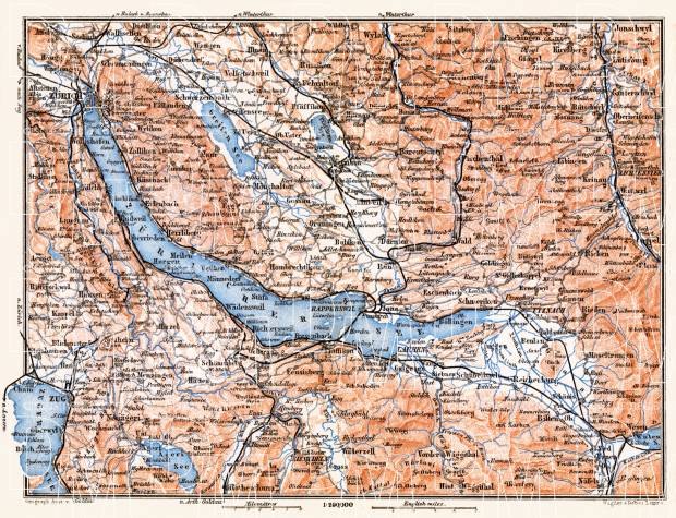 Lakes of Zurich and Zug district map, 1897. Use the zooming tool to explore in higher level of detail. Obtain as a quality print or high resolution image