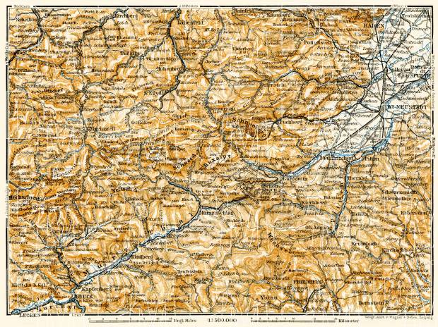 Map of the Steyr (Steirische) and Austrian (Österreichische) Alps from Wiener-Neustadt to Leoben, 1906. Use the zooming tool to explore in higher level of detail. Obtain as a quality print or high resolution image