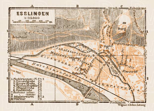 Esslingen city map, 1909. Use the zooming tool to explore in higher level of detail. Obtain as a quality print or high resolution image