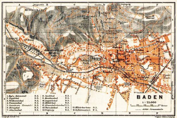 Baden to Vienna (Baden bei Wien), town plan, 1913. Use the zooming tool to explore in higher level of detail. Obtain as a quality print or high resolution image