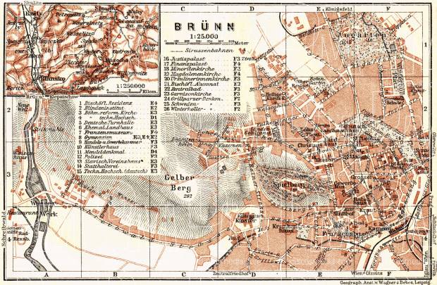 Brünn (Brno), city map with environs map (Blansko), 1911. Use the zooming tool to explore in higher level of detail. Obtain as a quality print or high resolution image