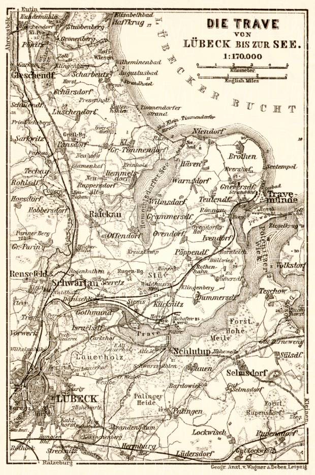 Trave River from Lübeck to Travemünde map, 1911. Use the zooming tool to explore in higher level of detail. Obtain as a quality print or high resolution image