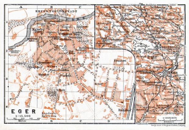 Eger (Cheb), city map. Eger and Franzensbad (Františkovy Lázně) environs, 1911. Use the zooming tool to explore in higher level of detail. Obtain as a quality print or high resolution image