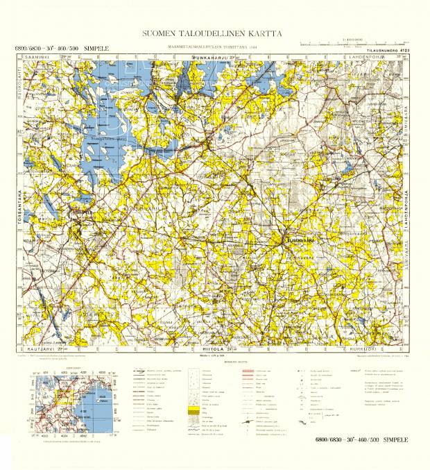 Simpele. Taloudellinen kartta 4123. Economic map from 1944. Use the zooming tool to explore in higher level of detail. Obtain as a quality print or high resolution image