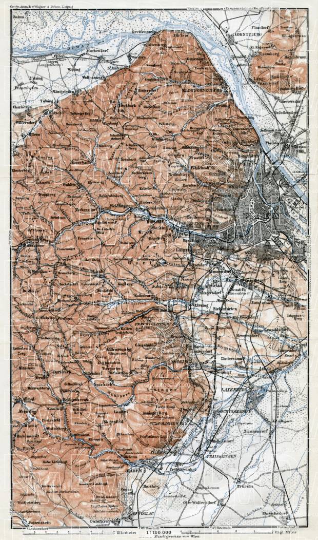Map of the west environs of Vienna (Wien) from Klosterneuburg to Baden, 1910. Use the zooming tool to explore in higher level of detail. Obtain as a quality print or high resolution image