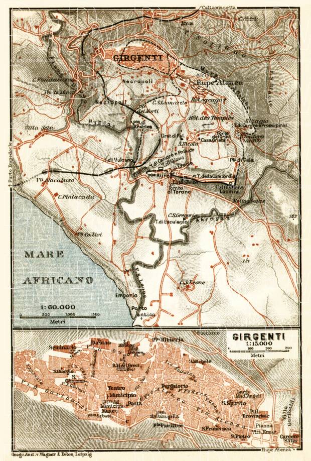 Agrigento (Girgenti) town and environs map, 1912. Use the zooming tool to explore in higher level of detail. Obtain as a quality print or high resolution image