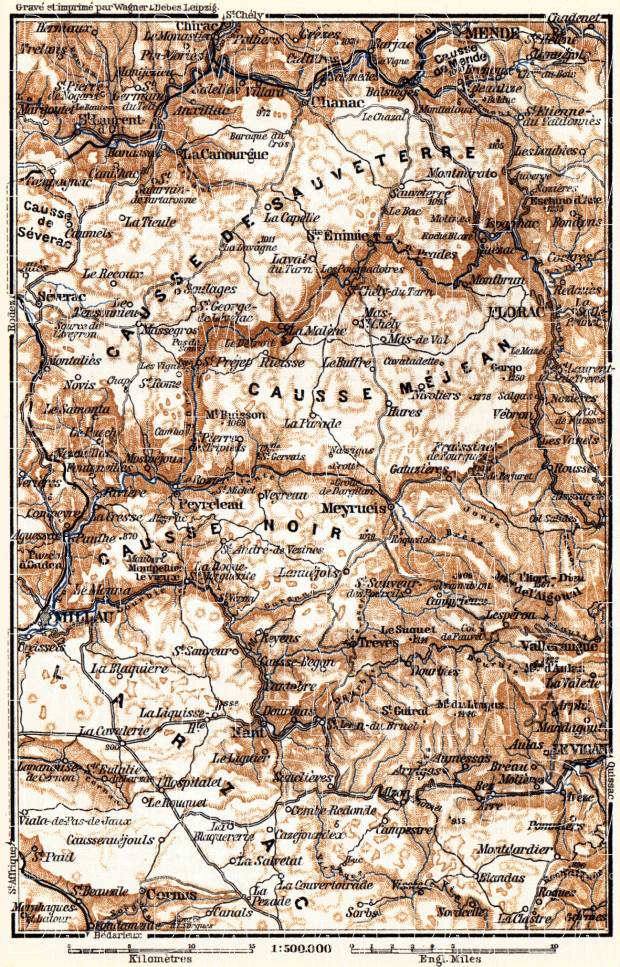 Causses Mountains map, 1885. Use the zooming tool to explore in higher level of detail. Obtain as a quality print or high resolution image
