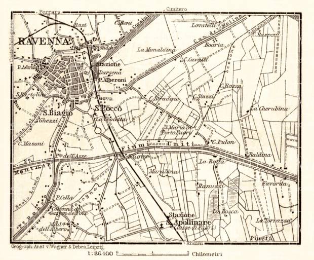 Ravenna and environs map, 1898. Use the zooming tool to explore in higher level of detail. Obtain as a quality print or high resolution image