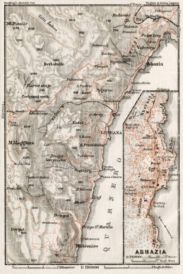 Abbazia (Opatija) and environs map, 1910. Use the zooming tool to explore in higher level of detail. Obtain as a quality print or high resolution image