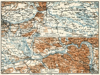 Map of the Danube River course from Vienna to Budapest, 1929