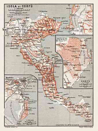 Corfu Isle map, 1908. With town plan of Corfu (Kerkyra)