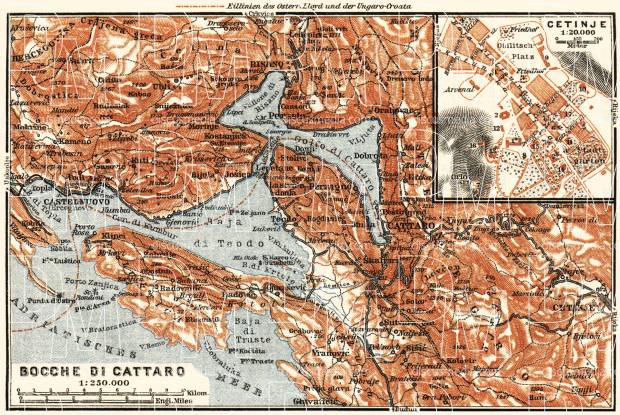 Cetinje city plan and map of environs of the Gulf of Kotor (Boka Kotorska), 1911. Use the zooming tool to explore in higher level of detail. Obtain as a quality print or high resolution image