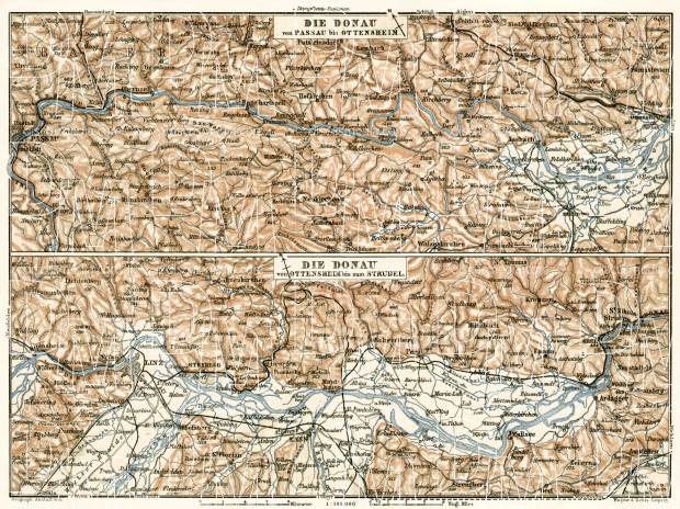 Danube River course map from Passau to Strudel, 1910. Use the zooming tool to explore in higher level of detail. Obtain as a quality print or high resolution image