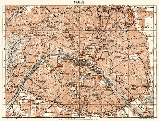 Historic 1883 PARIS FRANCE  CITY WALL MAP POSTER PRINT 