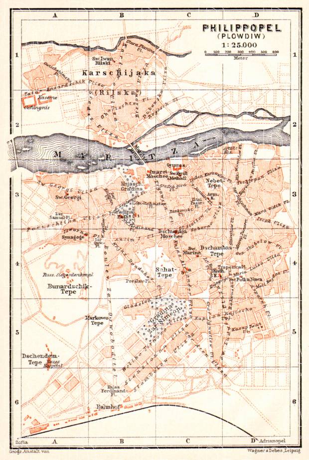 Philippopel (Plovdiv, Пловдивъ) city map, 1906. Use the zooming tool to explore in higher level of detail. Obtain as a quality print or high resolution image