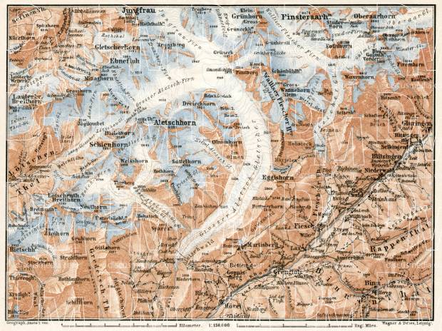 Old map of Aletsch Glacier vicinity in 1909. Buy vintage map replica