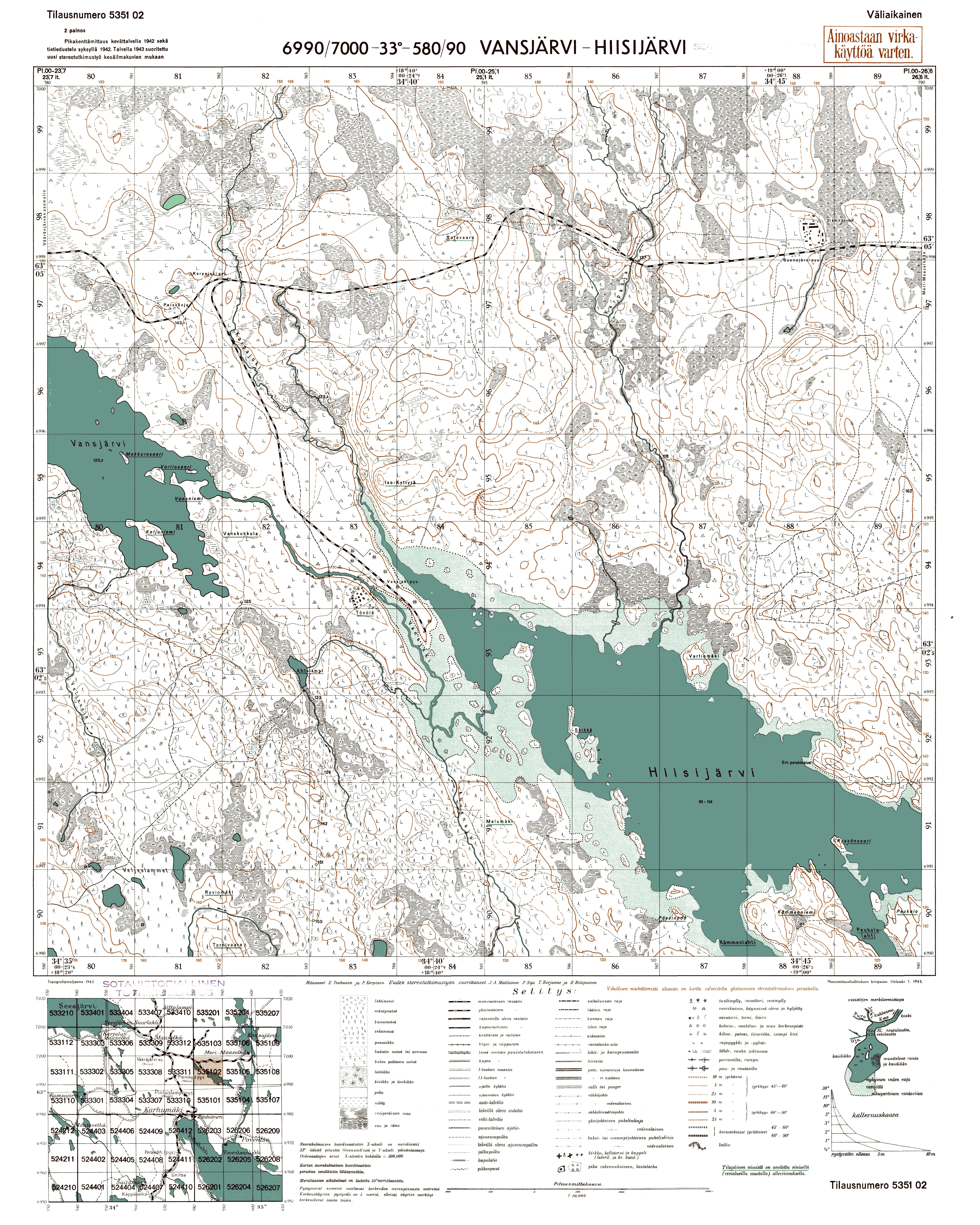 Vanžozero - Hižozero Lakes. Vansjärvi. Topografikartta 535102. Topographic map from 1943. Use the zooming tool to explore in higher level of detail. Obtain as a quality print or high resolution image
