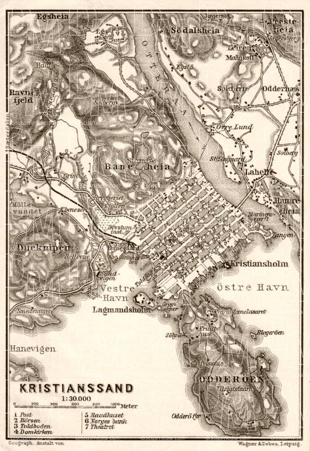 Kristianssand (Kristiansand) town plan, 1910. Use the zooming tool to explore in higher level of detail. Obtain as a quality print or high resolution image