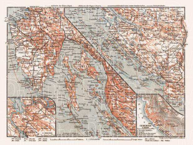 Istria and Dalmatian coast at Bossoglina (Marina). Sebenico (Šibenik) town plan and environs of Sebenico map, 1913. Use the zooming tool to explore in higher level of detail. Obtain as a quality print or high resolution image
