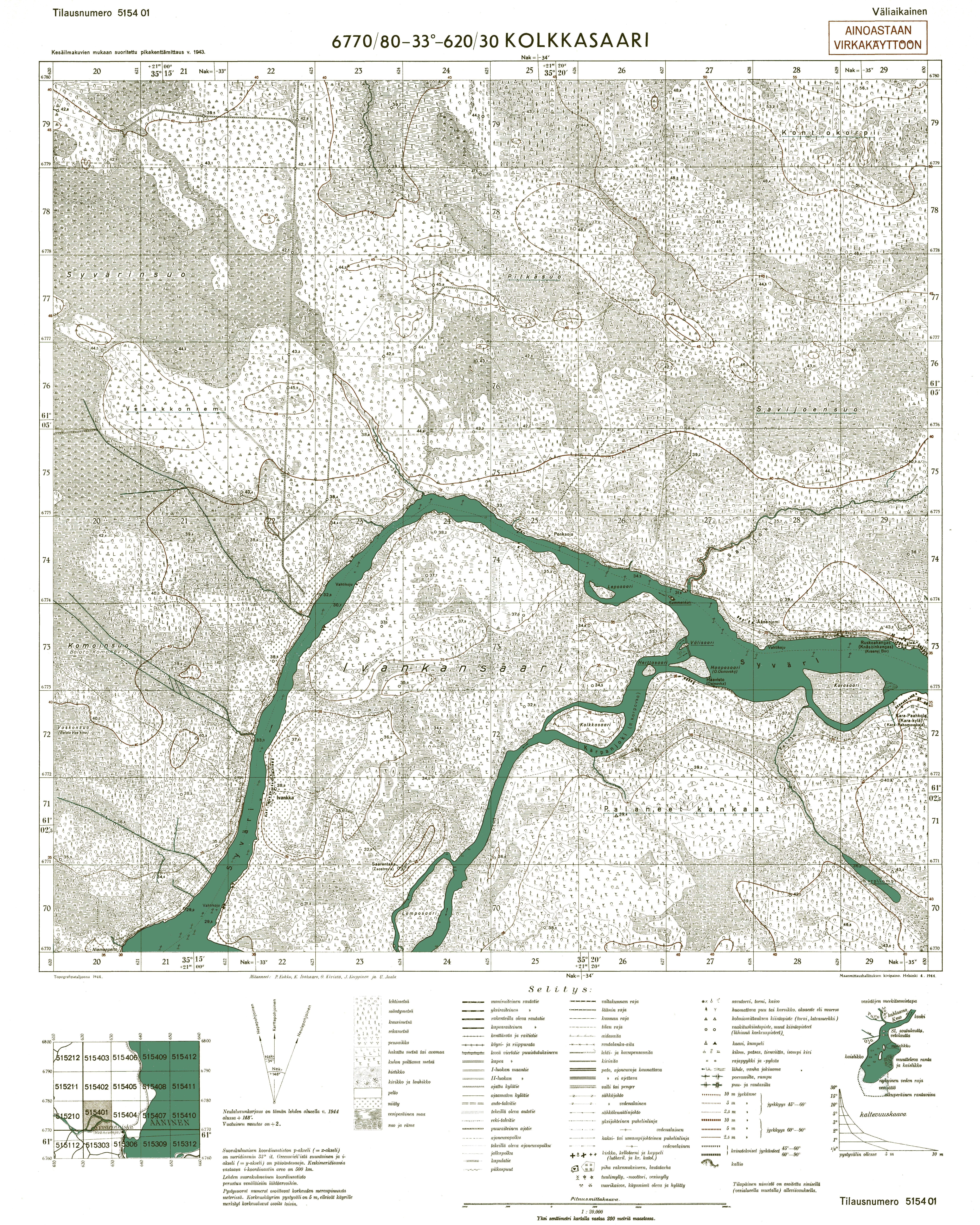 Kolkoostrov Island. Kolkkasaari. Topografikartta 515401. Topographic map from 1944. Use the zooming tool to explore in higher level of detail. Obtain as a quality print or high resolution image