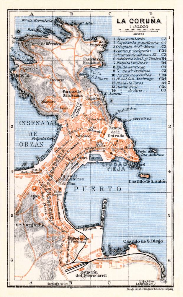 La Coruña city map, 1929. Use the zooming tool to explore in higher level of detail. Obtain as a quality print or high resolution image