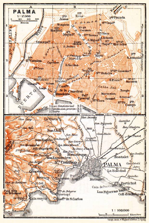 Palma (Palma de Mallorca) city map, 1899. Environs of Palma. Use the zooming tool to explore in higher level of detail. Obtain as a quality print or high resolution image