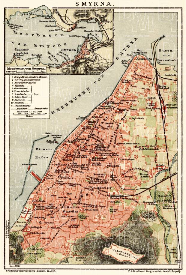 Smyrna (إزمير, İzmir, Smyrne), city map and map of environs, 1912. Use the zooming tool to explore in higher level of detail. Obtain as a quality print or high resolution image