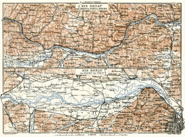 Danube River course map from Grein to Vienna, 1910. Use the zooming tool to explore in higher level of detail. Obtain as a quality print or high resolution image