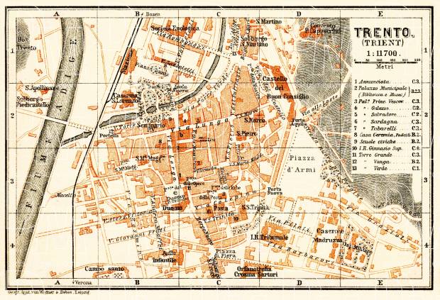Trient (Trento) city map, 1908. Use the zooming tool to explore in higher level of detail. Obtain as a quality print or high resolution image