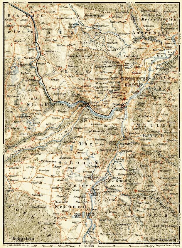 Berchtesgaden and closer environs map, 1906. Use the zooming tool to explore in higher level of detail. Obtain as a quality print or high resolution image