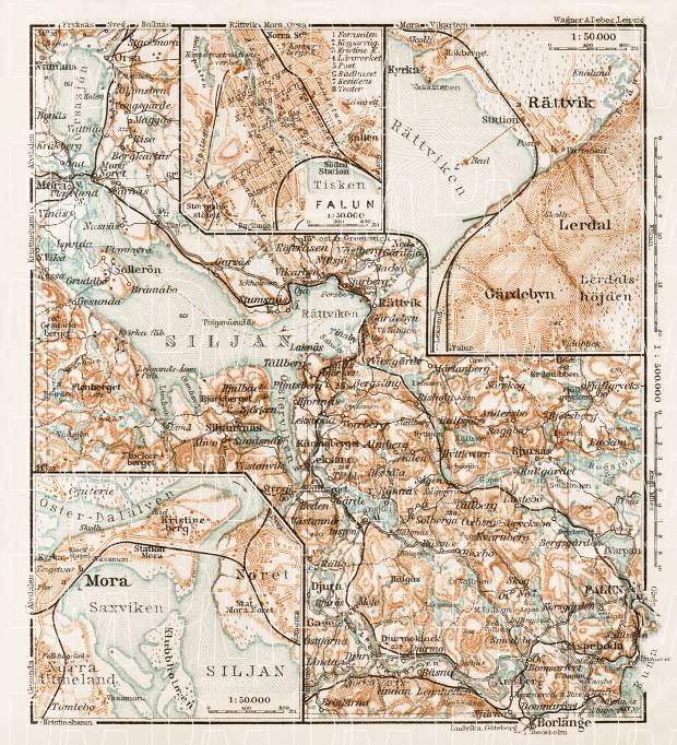 Siljan Lake district map. With Mora, Falun and Rättvik town plans, 1929. Use the zooming tool to explore in higher level of detail. Obtain as a quality print or high resolution image