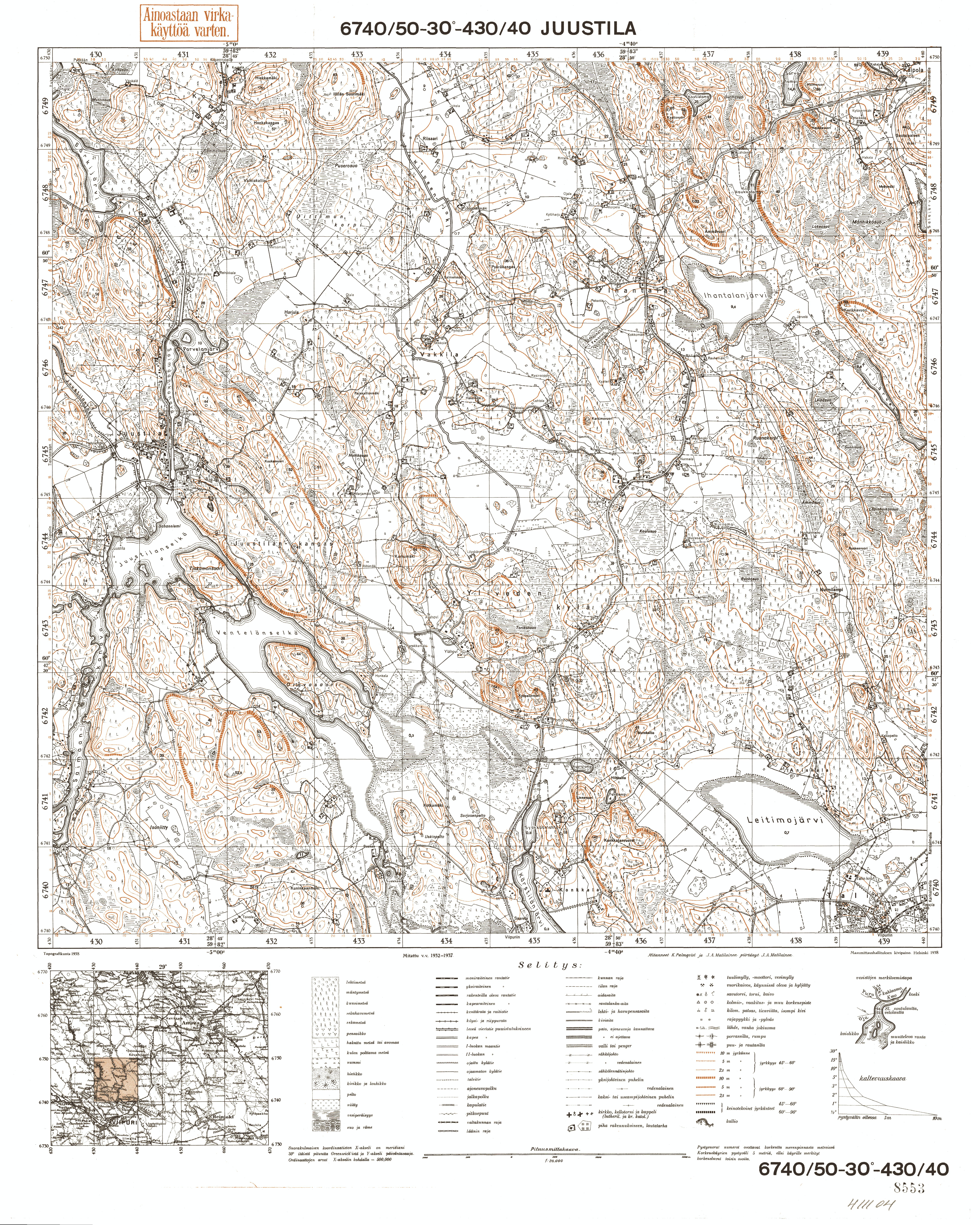 Brusnitšnoje. Juustila. Topografikartta 411104. Topographic map from 1940. Use the zooming tool to explore in higher level of detail. Obtain as a quality print or high resolution image